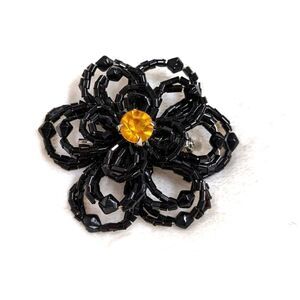 Vintage Black Glass Beaded Floral Brooche w/Amber Center Rhinestone